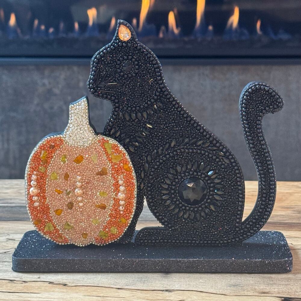 Glam Rhinestone Halloween Black Cat Pumpkin Table Decor Pearl Bead Figurine